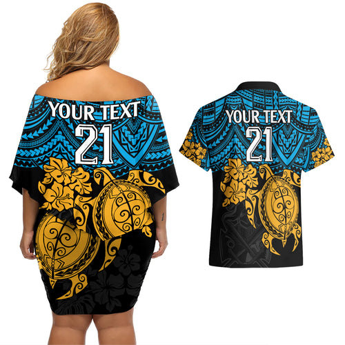 custom-titans-rugby-couples-matching-off-shoulder-short-dress-and-hawaiian-shirt-gld-hibiscus-and-turtle-with-polynesian-pattern