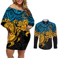 custom-titans-rugby-couples-matching-off-shoulder-short-dress-and-long-sleeve-button-shirt-gld-hibiscus-and-turtle-with-polynesian-pattern