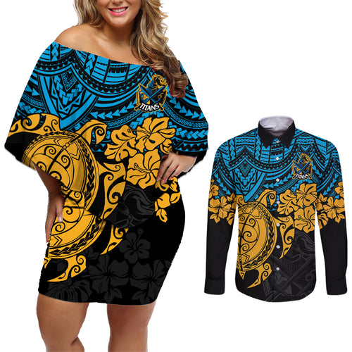 custom-titans-rugby-couples-matching-off-shoulder-short-dress-and-long-sleeve-button-shirt-gld-hibiscus-and-turtle-with-polynesian-pattern