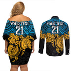 custom-titans-rugby-couples-matching-off-shoulder-short-dress-and-long-sleeve-button-shirt-gld-hibiscus-and-turtle-with-polynesian-pattern