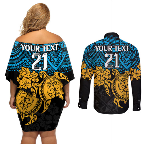 custom-titans-rugby-couples-matching-off-shoulder-short-dress-and-long-sleeve-button-shirt-gld-hibiscus-and-turtle-with-polynesian-pattern