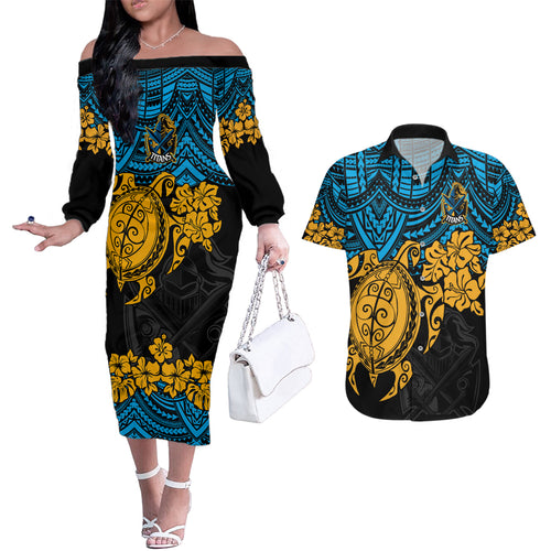 custom-titans-rugby-couples-matching-off-the-shoulder-long-sleeve-dress-and-hawaiian-shirt-gld-hibiscus-and-turtle-with-polynesian-pattern