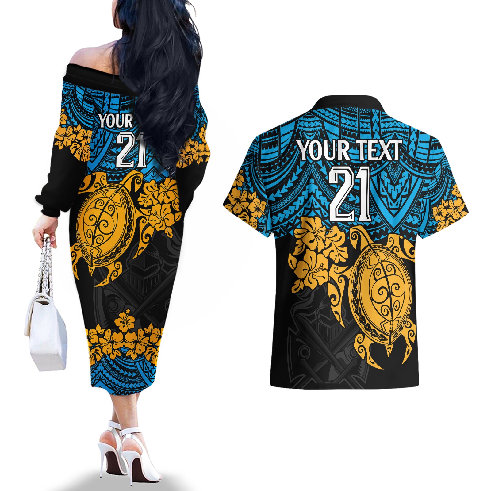 custom-titans-rugby-couples-matching-off-the-shoulder-long-sleeve-dress-and-hawaiian-shirt-gld-hibiscus-and-turtle-with-polynesian-pattern