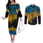 custom-titans-rugby-couples-matching-off-the-shoulder-long-sleeve-dress-and-long-sleeve-button-shirt-gld-hibiscus-and-turtle-with-polynesian-pattern