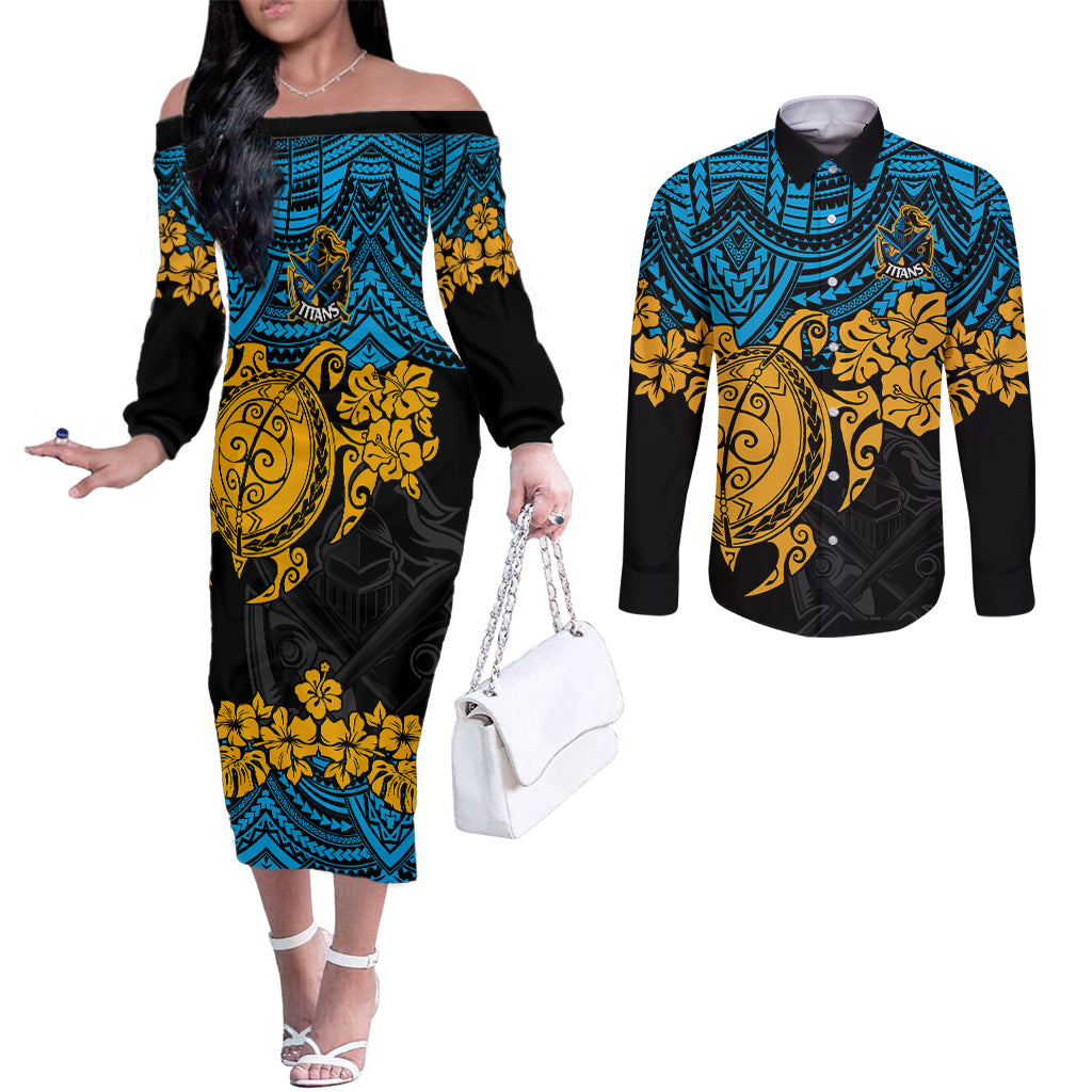 custom-titans-rugby-couples-matching-off-the-shoulder-long-sleeve-dress-and-long-sleeve-button-shirt-gld-hibiscus-and-turtle-with-polynesian-pattern