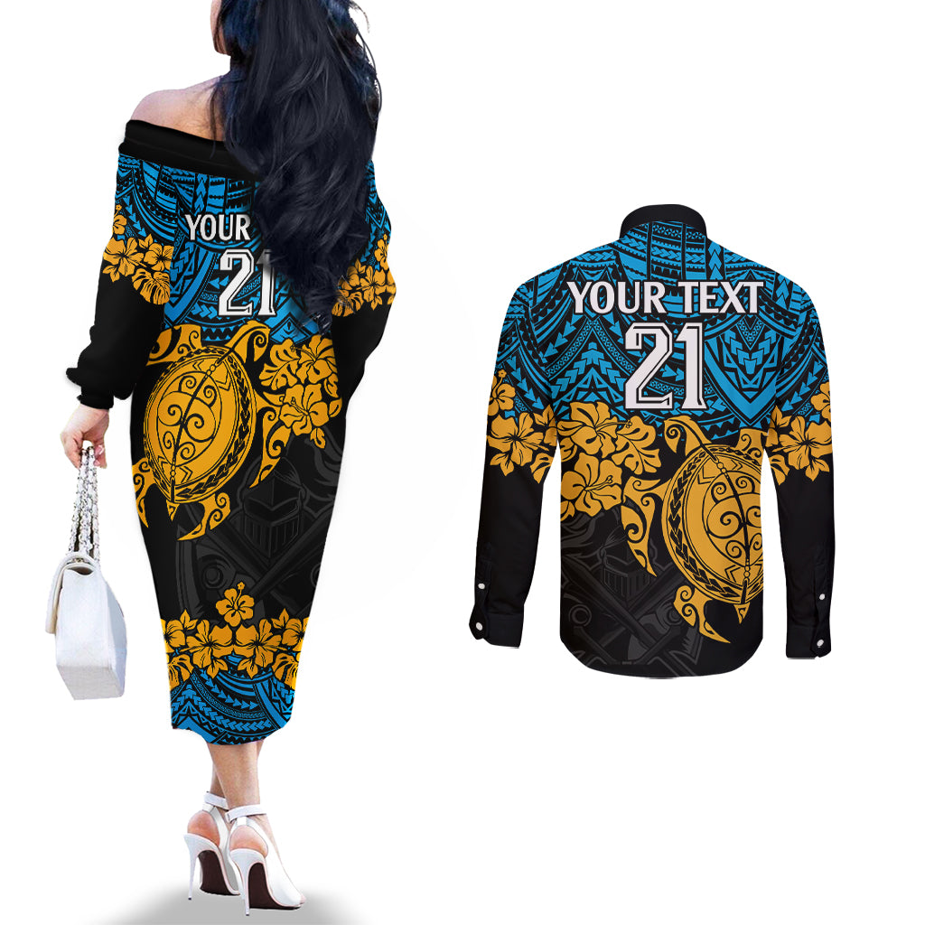 custom-titans-rugby-couples-matching-off-the-shoulder-long-sleeve-dress-and-long-sleeve-button-shirt-gld-hibiscus-and-turtle-with-polynesian-pattern