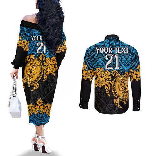 custom-titans-rugby-couples-matching-off-the-shoulder-long-sleeve-dress-and-long-sleeve-button-shirt-gld-hibiscus-and-turtle-with-polynesian-pattern