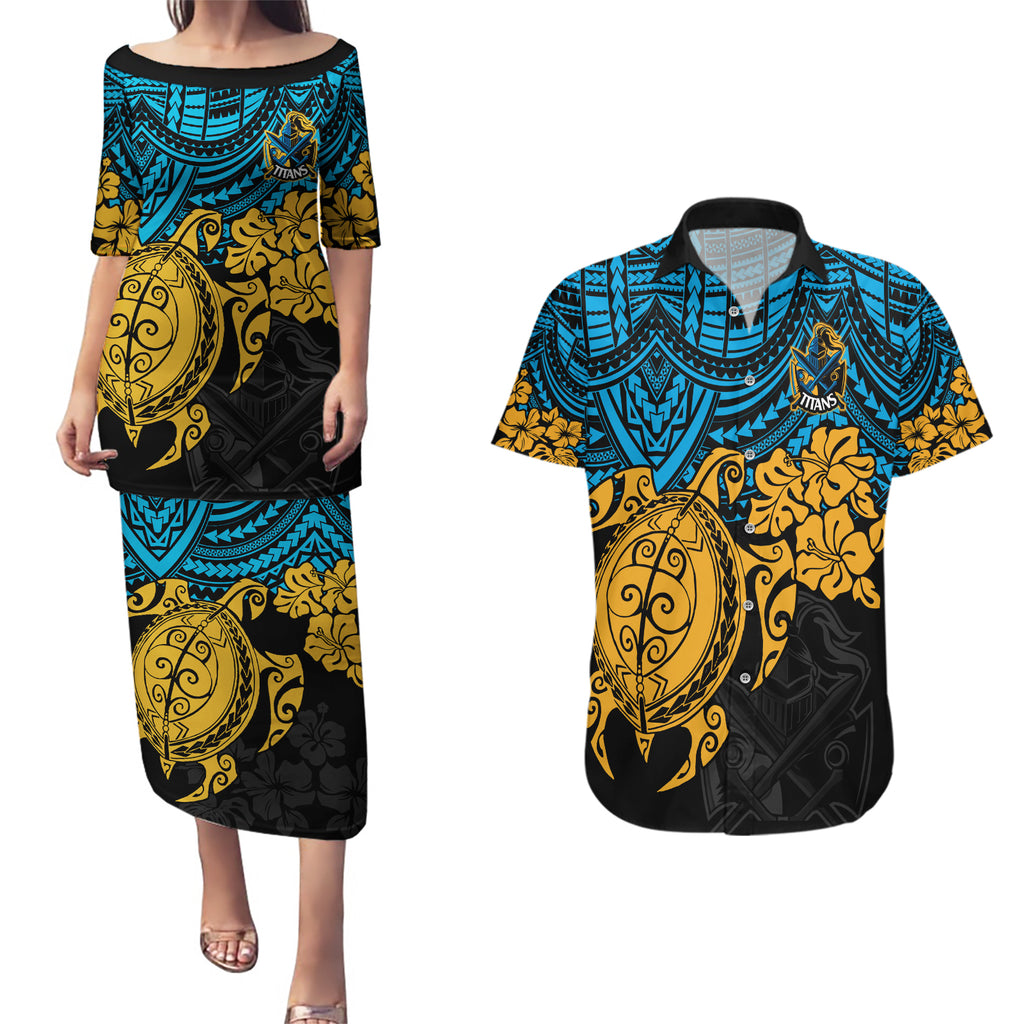 custom-titans-rugby-couples-matching-puletasi-dress-and-hawaiian-shirt-gld-hibiscus-and-turtle-with-polynesian-pattern