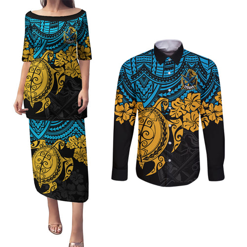 custom-titans-rugby-couples-matching-puletasi-dress-and-long-sleeve-button-shirt-gld-hibiscus-and-turtle-with-polynesian-pattern