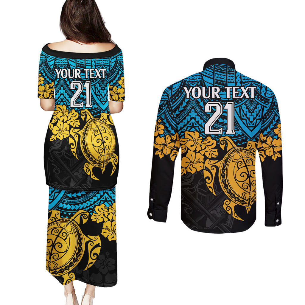 custom-titans-rugby-couples-matching-puletasi-dress-and-long-sleeve-button-shirt-gld-hibiscus-and-turtle-with-polynesian-pattern