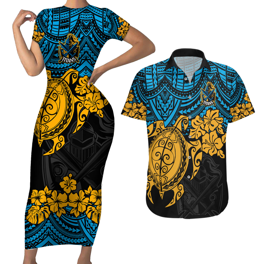 custom-titans-rugby-couples-matching-short-sleeve-bodycon-dress-and-hawaiian-shirt-gld-hibiscus-and-turtle-with-polynesian-pattern