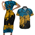 custom-titans-rugby-couples-matching-short-sleeve-bodycon-dress-and-hawaiian-shirt-gld-hibiscus-and-turtle-with-polynesian-pattern