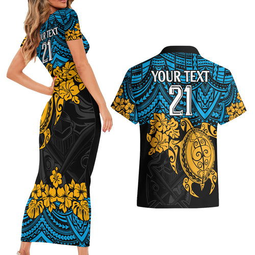 custom-titans-rugby-couples-matching-short-sleeve-bodycon-dress-and-hawaiian-shirt-gld-hibiscus-and-turtle-with-polynesian-pattern
