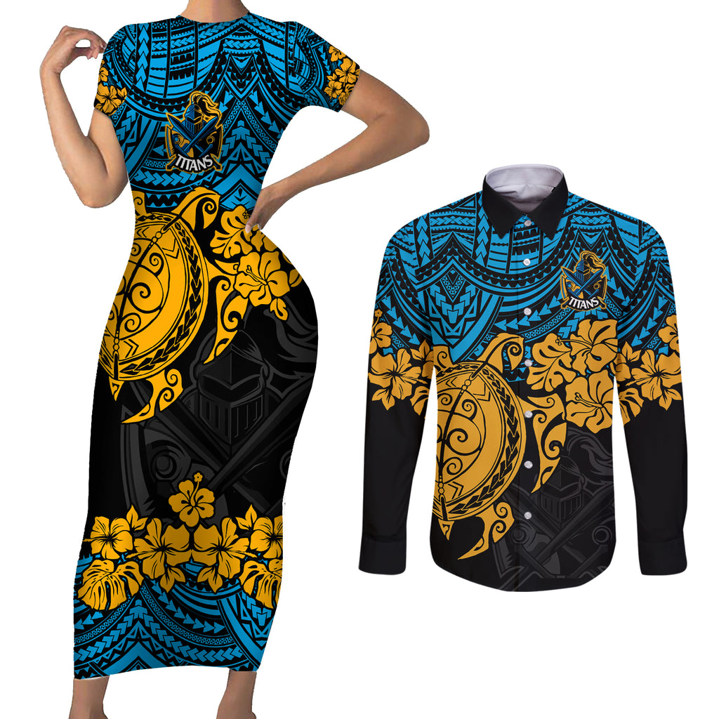 custom-titans-rugby-couples-matching-short-sleeve-bodycon-dress-and-long-sleeve-button-shirt-gld-hibiscus-and-turtle-with-polynesian-pattern