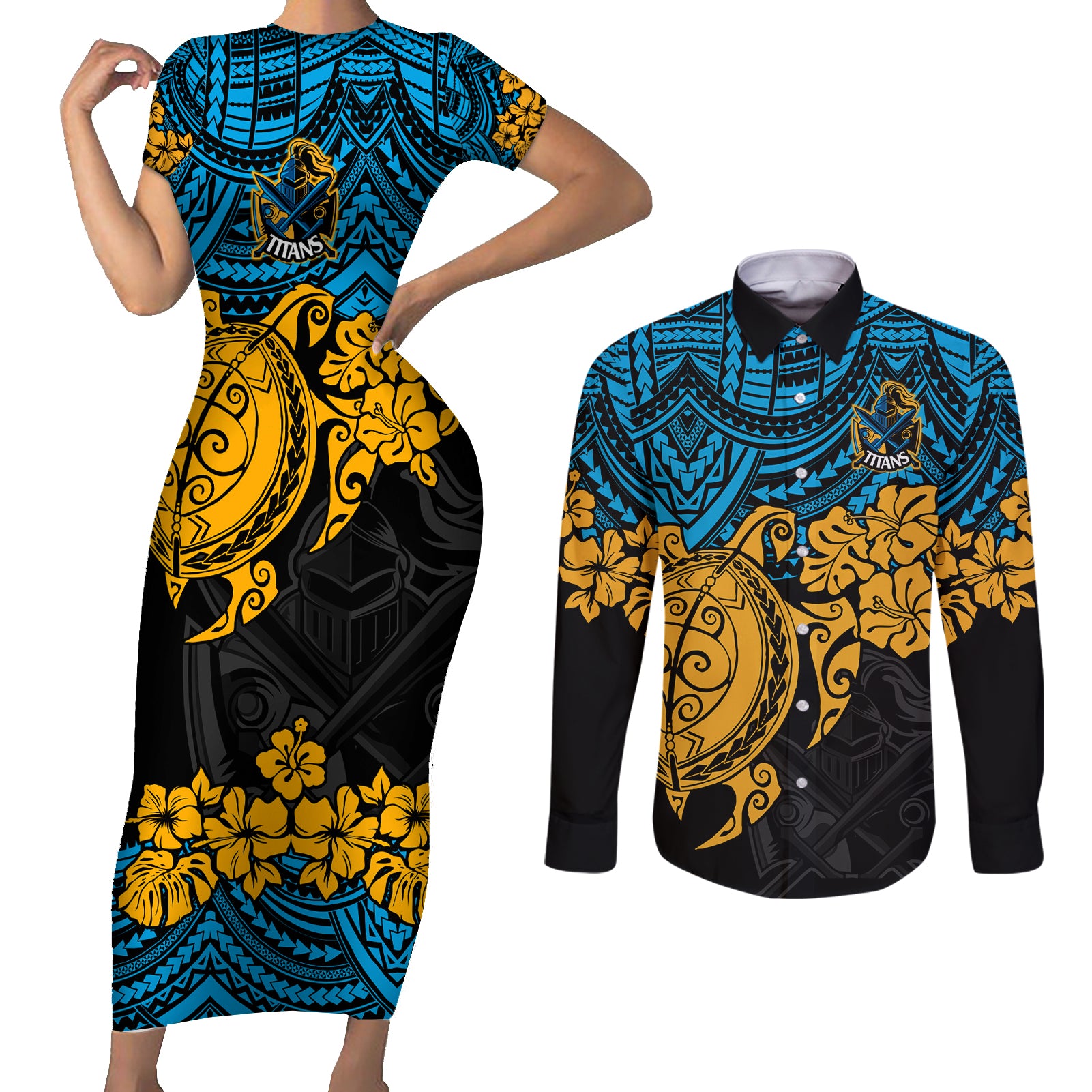 custom-titans-rugby-couples-matching-short-sleeve-bodycon-dress-and-long-sleeve-button-shirt-gld-hibiscus-and-turtle-with-polynesian-pattern