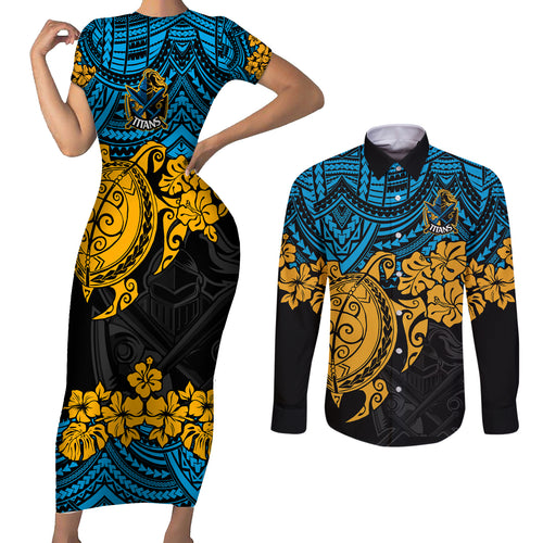 custom-titans-rugby-couples-matching-short-sleeve-bodycon-dress-and-long-sleeve-button-shirt-gld-hibiscus-and-turtle-with-polynesian-pattern