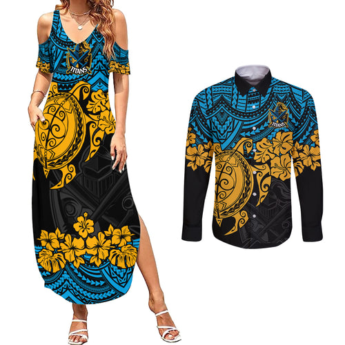 custom-titans-rugby-couples-matching-summer-maxi-dress-and-long-sleeve-button-shirt-gld-hibiscus-and-turtle-with-polynesian-pattern