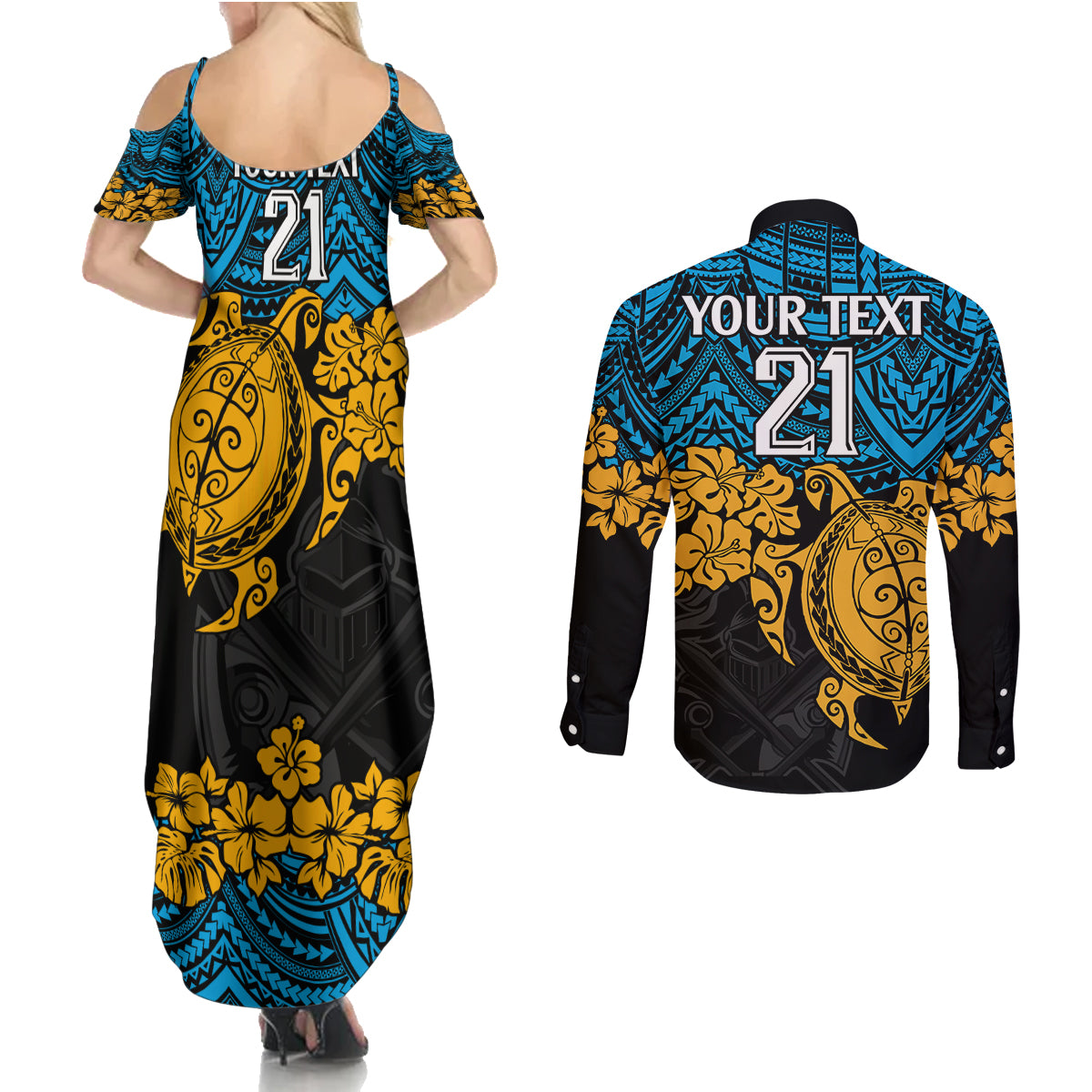 custom-titans-rugby-couples-matching-summer-maxi-dress-and-long-sleeve-button-shirt-gld-hibiscus-and-turtle-with-polynesian-pattern