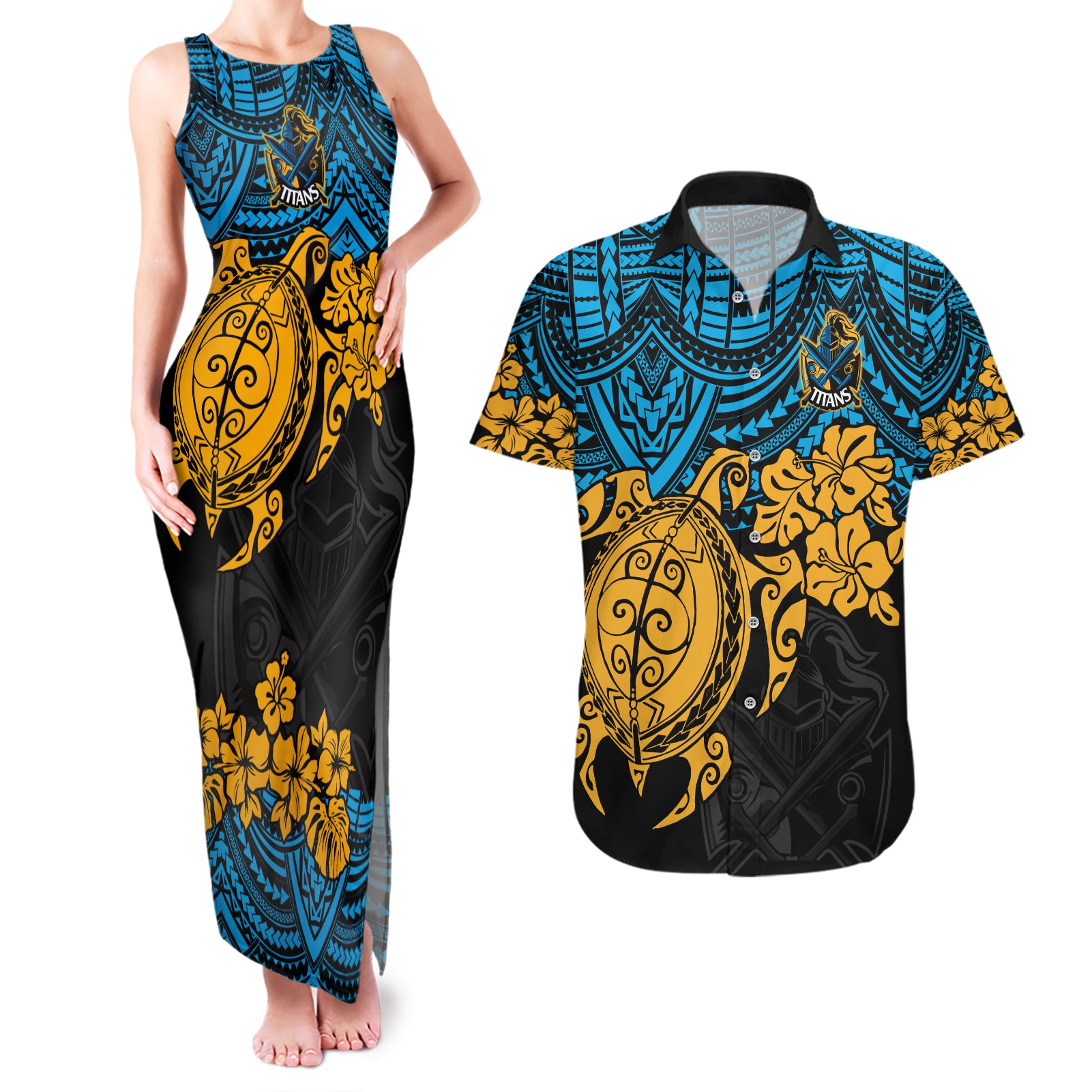 custom-titans-rugby-couples-matching-tank-maxi-dress-and-hawaiian-shirt-gld-hibiscus-and-turtle-with-polynesian-pattern