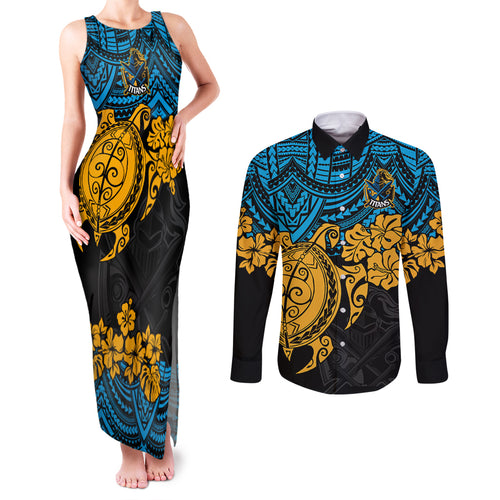 custom-titans-rugby-couples-matching-tank-maxi-dress-and-long-sleeve-button-shirt-gld-hibiscus-and-turtle-with-polynesian-pattern