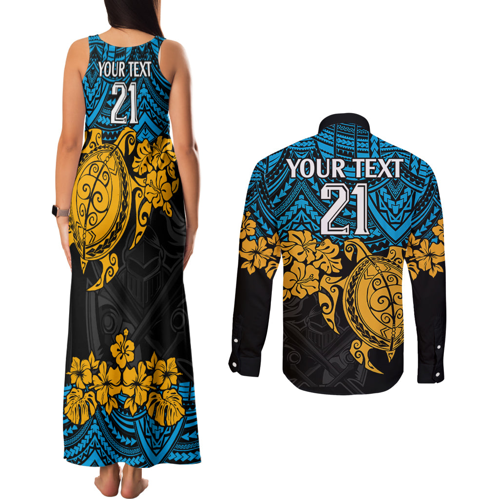 custom-titans-rugby-couples-matching-tank-maxi-dress-and-long-sleeve-button-shirt-gld-hibiscus-and-turtle-with-polynesian-pattern