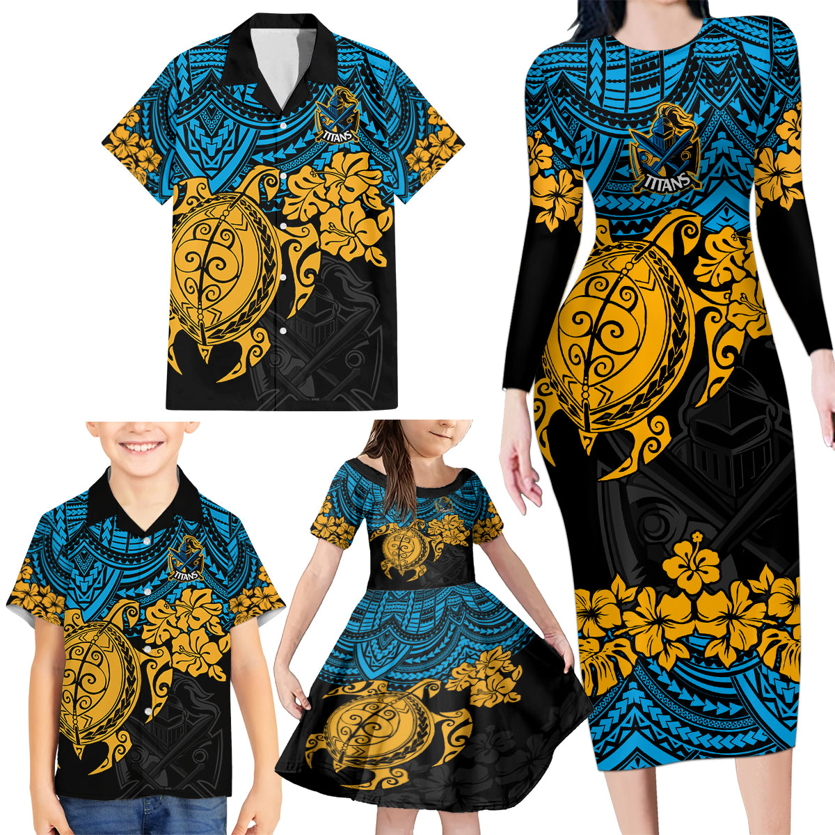custom-titans-rugby-family-matching-long-sleeve-bodycon-dress-and-hawaiian-shirt-gld-hibiscus-and-turtle-with-polynesian-pattern