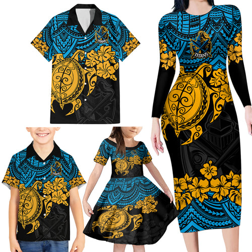 custom-titans-rugby-family-matching-long-sleeve-bodycon-dress-and-hawaiian-shirt-gld-hibiscus-and-turtle-with-polynesian-pattern