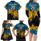 custom-titans-rugby-family-matching-long-sleeve-bodycon-dress-and-hawaiian-shirt-gld-hibiscus-and-turtle-with-polynesian-pattern