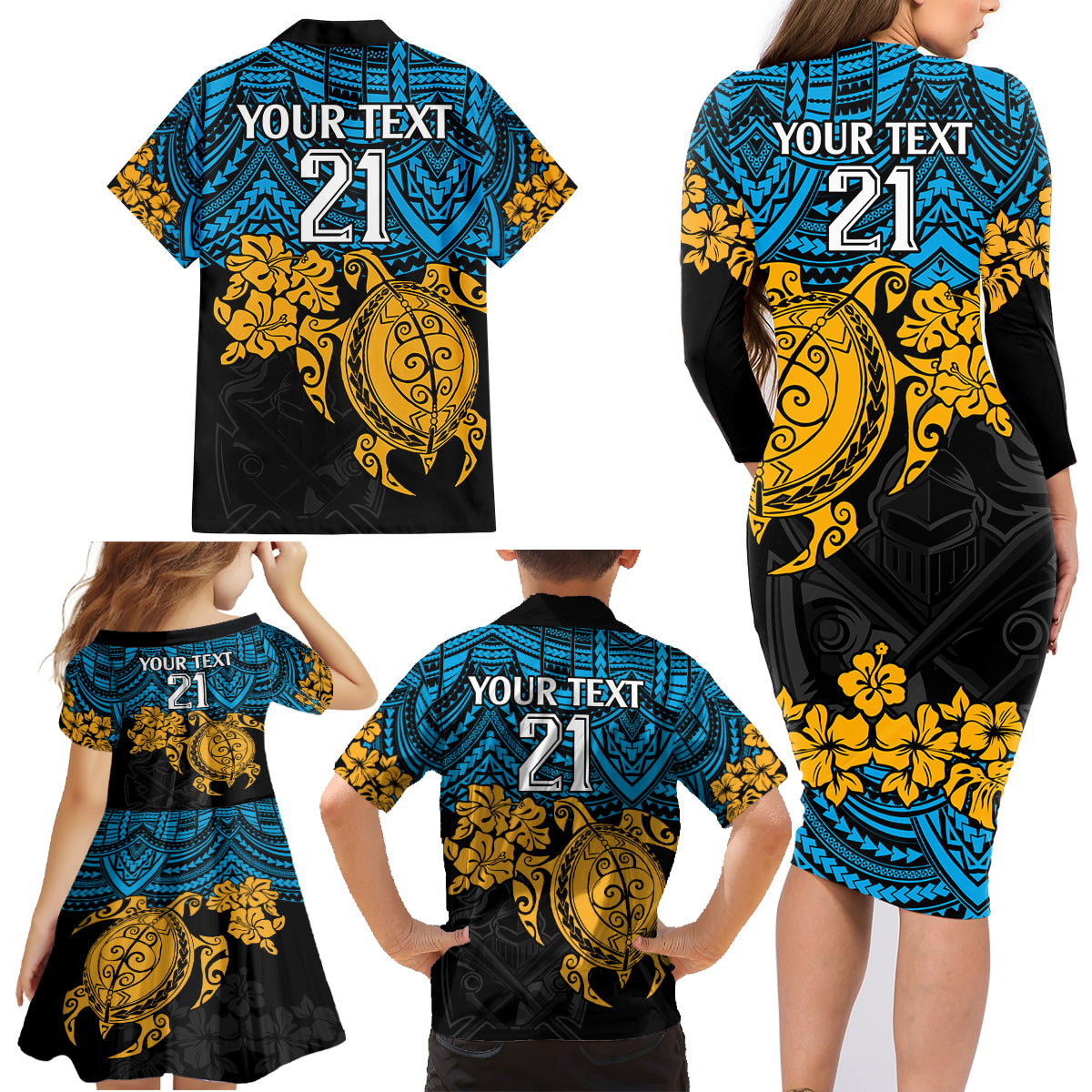 custom-titans-rugby-family-matching-long-sleeve-bodycon-dress-and-hawaiian-shirt-gld-hibiscus-and-turtle-with-polynesian-pattern