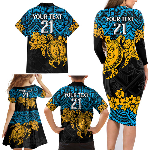 custom-titans-rugby-family-matching-long-sleeve-bodycon-dress-and-hawaiian-shirt-gld-hibiscus-and-turtle-with-polynesian-pattern