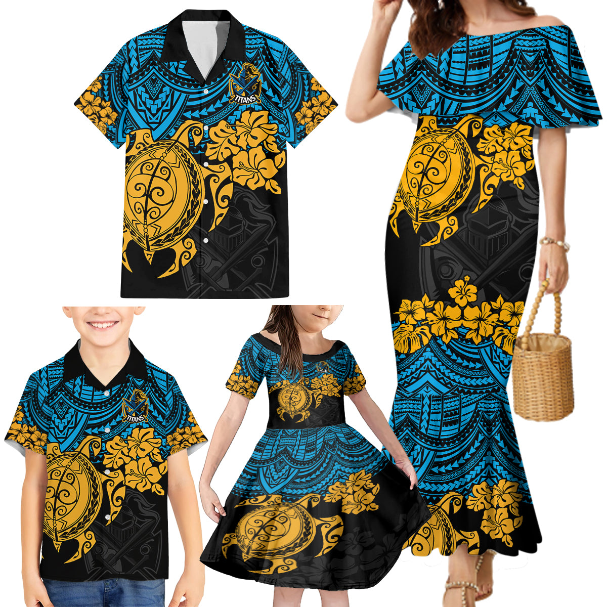 custom-titans-rugby-family-matching-mermaid-dress-and-hawaiian-shirt-gld-hibiscus-and-turtle-with-polynesian-pattern