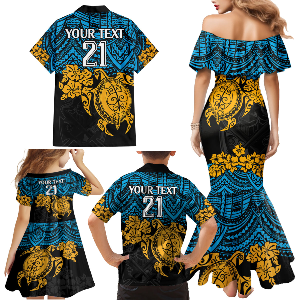 custom-titans-rugby-family-matching-mermaid-dress-and-hawaiian-shirt-gld-hibiscus-and-turtle-with-polynesian-pattern