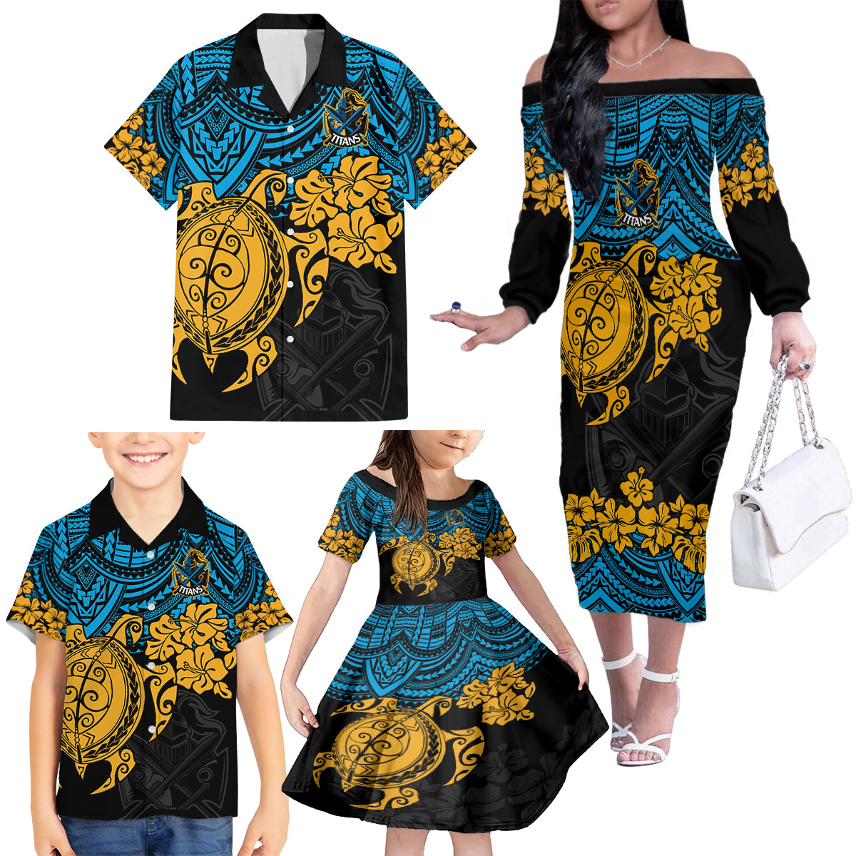 custom-titans-rugby-family-matching-off-shoulder-long-sleeve-dress-and-hawaiian-shirt-gld-hibiscus-and-turtle-with-polynesian-pattern