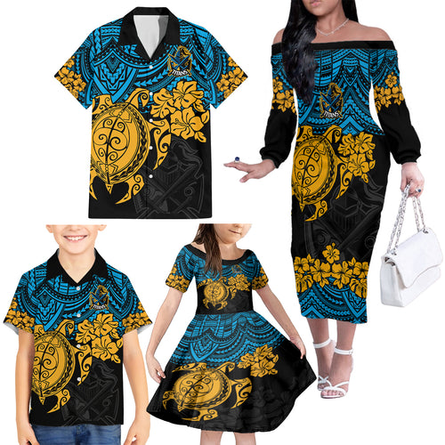custom-titans-rugby-family-matching-off-shoulder-long-sleeve-dress-and-hawaiian-shirt-gld-hibiscus-and-turtle-with-polynesian-pattern