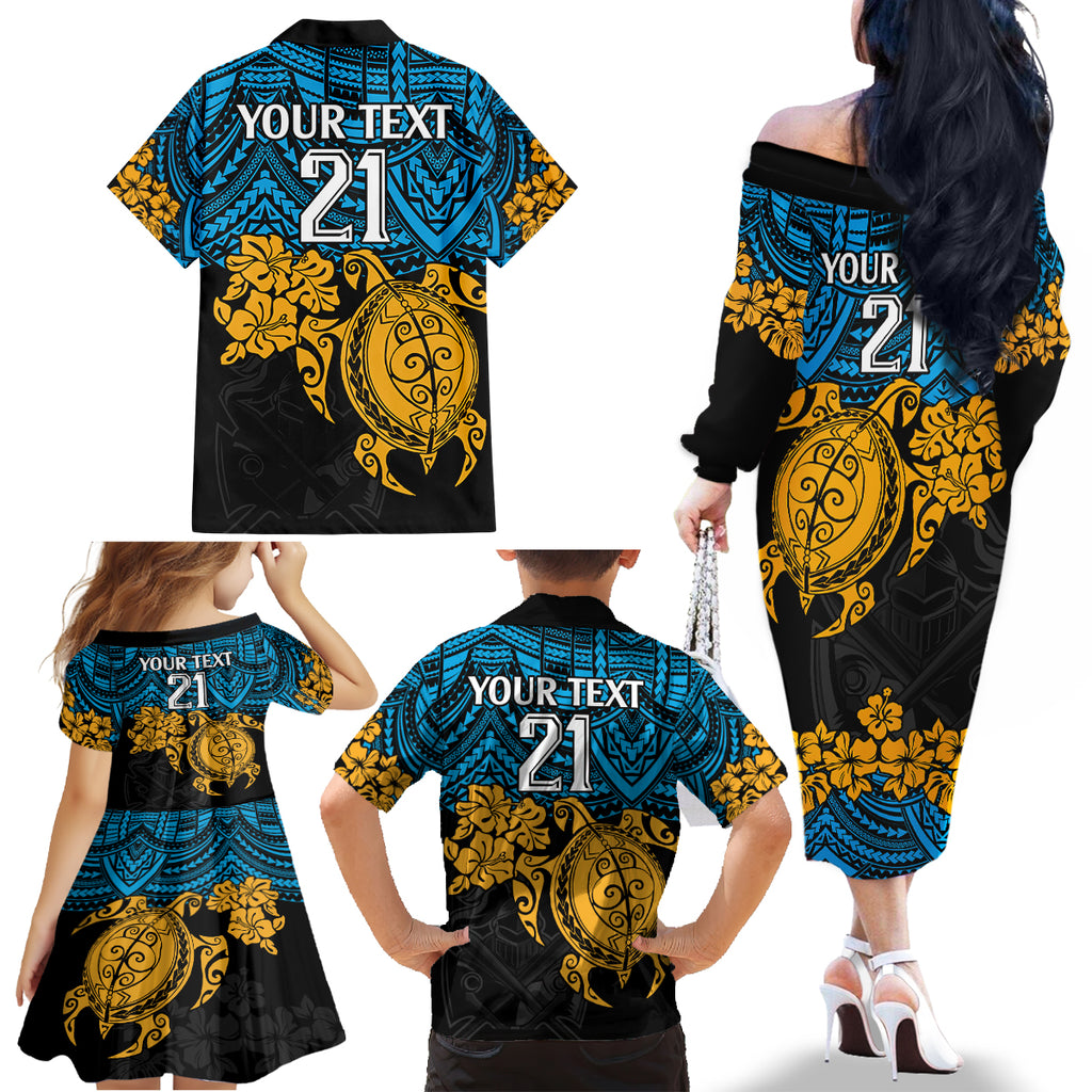 custom-titans-rugby-family-matching-off-shoulder-long-sleeve-dress-and-hawaiian-shirt-gld-hibiscus-and-turtle-with-polynesian-pattern