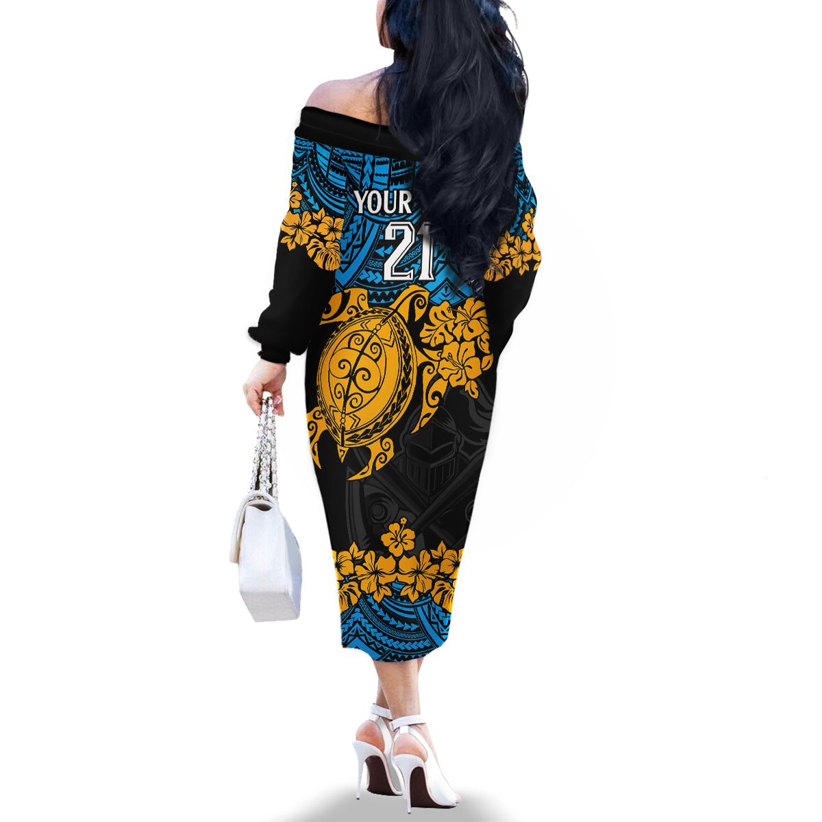 custom-titans-rugby-family-matching-off-shoulder-long-sleeve-dress-and-hawaiian-shirt-gld-hibiscus-and-turtle-with-polynesian-pattern