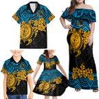 custom-titans-rugby-family-matching-off-shoulder-maxi-dress-and-hawaiian-shirt-gld-hibiscus-and-turtle-with-polynesian-pattern