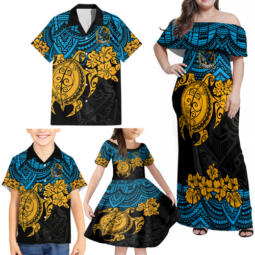 custom-titans-rugby-family-matching-off-shoulder-maxi-dress-and-hawaiian-shirt-gld-hibiscus-and-turtle-with-polynesian-pattern