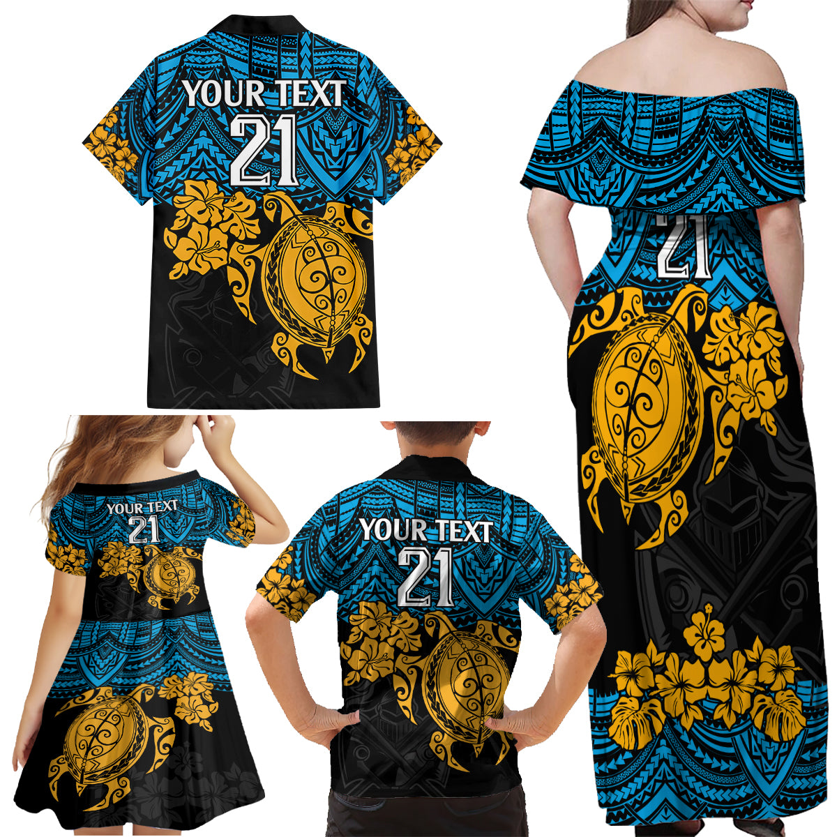 custom-titans-rugby-family-matching-off-shoulder-maxi-dress-and-hawaiian-shirt-gld-hibiscus-and-turtle-with-polynesian-pattern