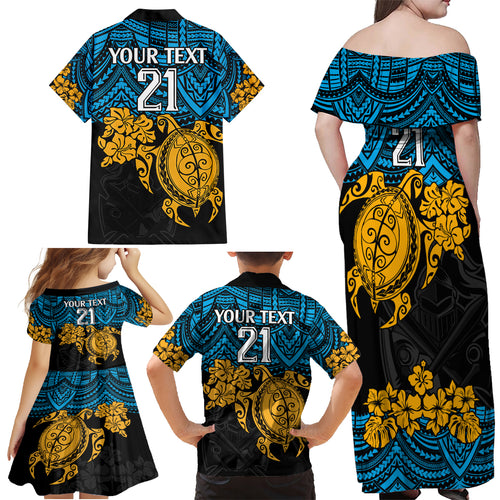 custom-titans-rugby-family-matching-off-shoulder-maxi-dress-and-hawaiian-shirt-gld-hibiscus-and-turtle-with-polynesian-pattern