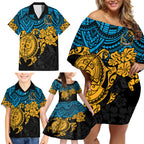 custom-titans-rugby-family-matching-off-shoulder-short-dress-and-hawaiian-shirt-gld-hibiscus-and-turtle-with-polynesian-pattern