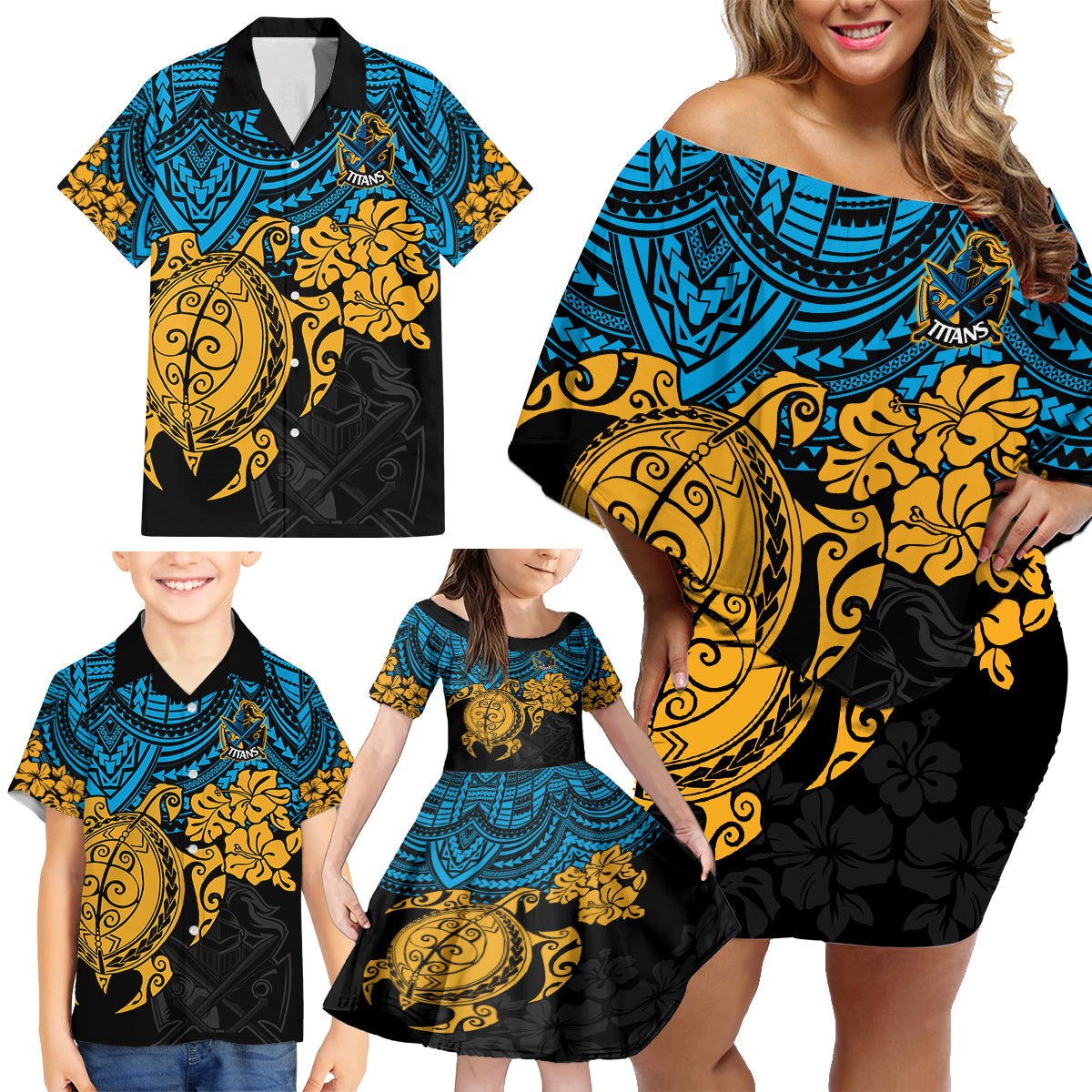 custom-titans-rugby-family-matching-off-shoulder-short-dress-and-hawaiian-shirt-gld-hibiscus-and-turtle-with-polynesian-pattern