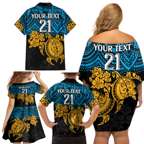 custom-titans-rugby-family-matching-off-shoulder-short-dress-and-hawaiian-shirt-gld-hibiscus-and-turtle-with-polynesian-pattern