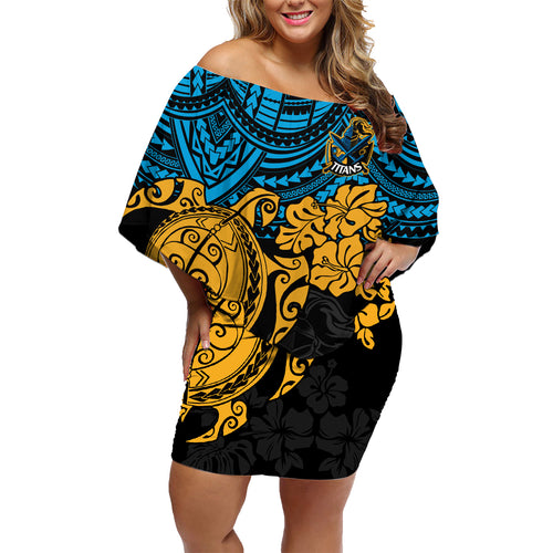 custom-titans-rugby-family-matching-off-shoulder-short-dress-and-hawaiian-shirt-gld-hibiscus-and-turtle-with-polynesian-pattern