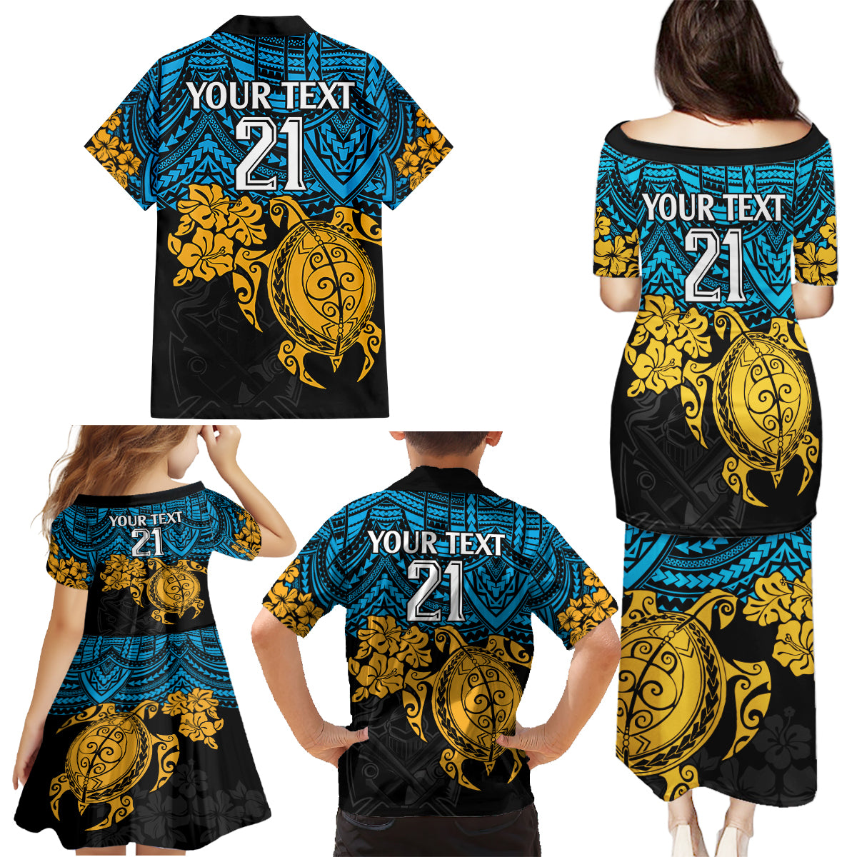 custom-titans-rugby-family-matching-puletasi-dress-and-hawaiian-shirt-gld-hibiscus-and-turtle-with-polynesian-pattern