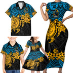 custom-titans-rugby-family-matching-short-sleeve-bodycon-dress-and-hawaiian-shirt-gld-hibiscus-and-turtle-with-polynesian-pattern