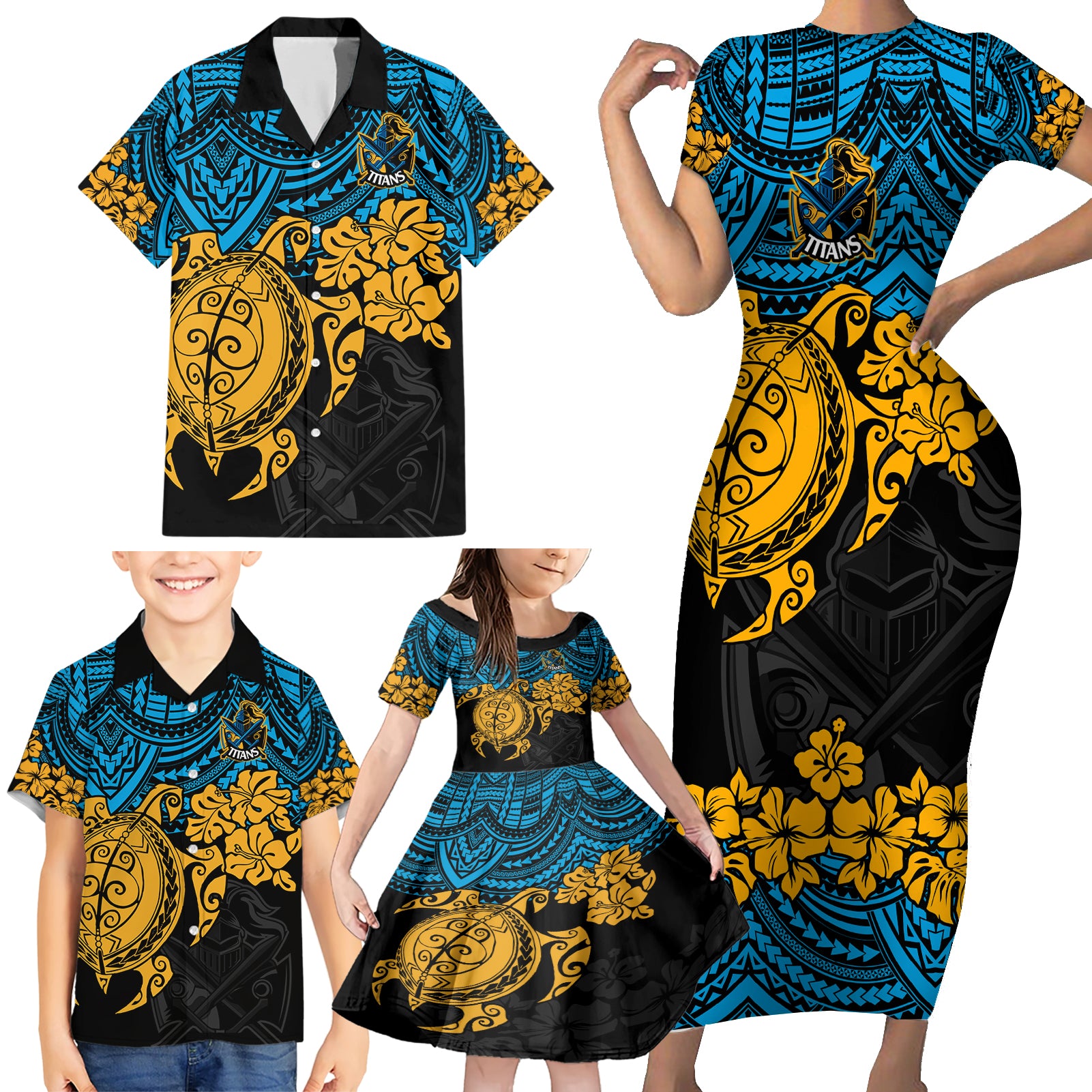 custom-titans-rugby-family-matching-short-sleeve-bodycon-dress-and-hawaiian-shirt-gld-hibiscus-and-turtle-with-polynesian-pattern