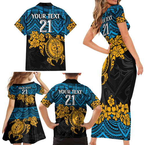 custom-titans-rugby-family-matching-short-sleeve-bodycon-dress-and-hawaiian-shirt-gld-hibiscus-and-turtle-with-polynesian-pattern