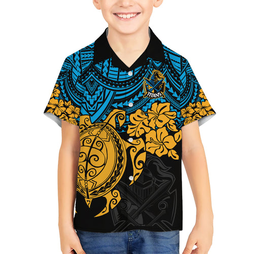 custom-titans-rugby-family-matching-short-sleeve-bodycon-dress-and-hawaiian-shirt-gld-hibiscus-and-turtle-with-polynesian-pattern