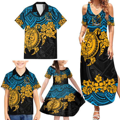 custom-titans-rugby-family-matching-summer-maxi-dress-and-hawaiian-shirt-gld-hibiscus-and-turtle-with-polynesian-pattern